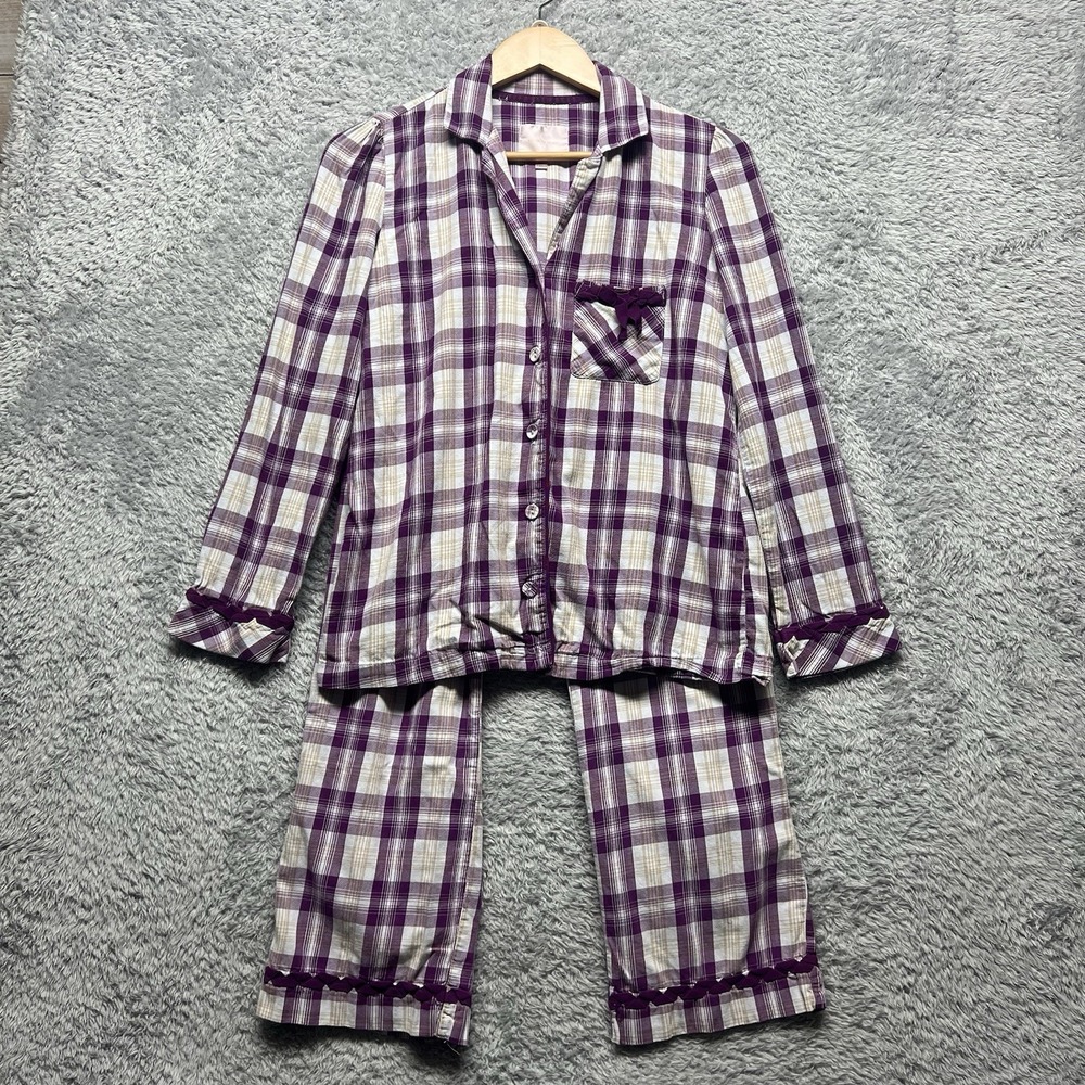 Victoria Secrets Pajama Set Womens XS Purple Plaid Flannel Long Sleeve Top Pant